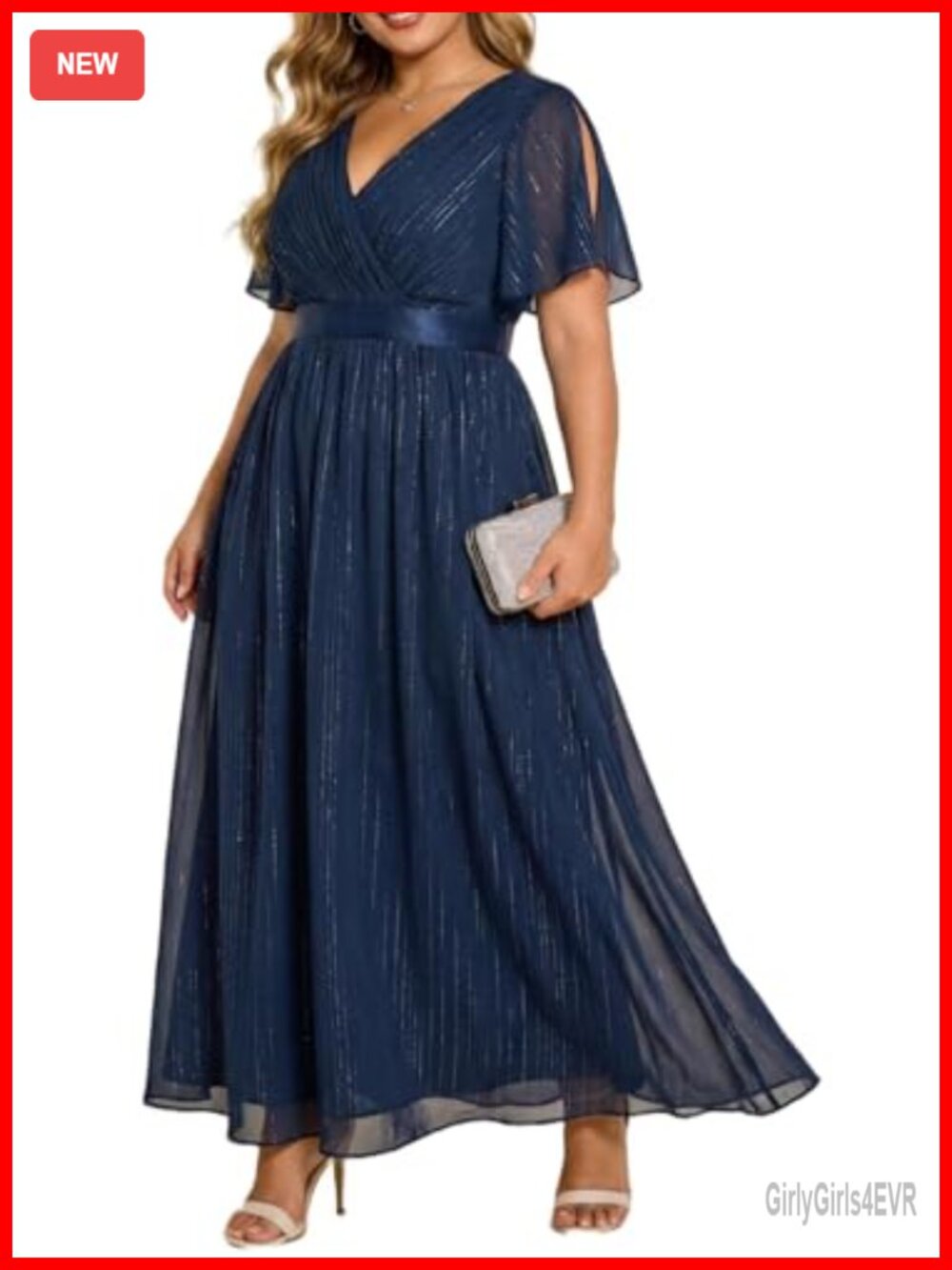 Plus Size Formal Chiffon Dress V Neck A-Line Flutter Sleeve Wedding Guest
